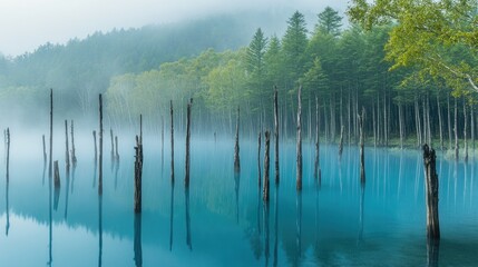 A misty morning at Hokkaido's Blue Pond, the blue waters and tree trunks veiled in light fog, adding mystery and beauty to the serene landscape.