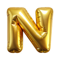 Foil golden balloon letter N isolated on a transparent background