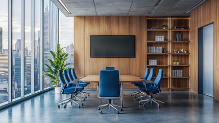 salle de réunion moderne avec grande table, fauteuils bleu, large baie vitrée et vue sur la ville