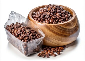 Fototapeta premium Vacuum-sealed plastic foil bag with zipper and wooden bowl showcasing roasted coffee beans, elegantly displayed on a white background for a clean, modern aesthetic.