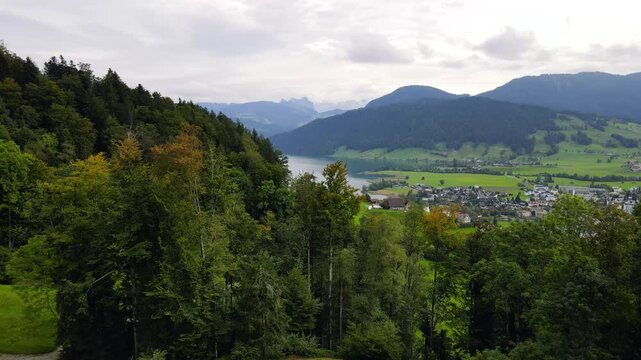 A panoramic shot of a serene Swiss landscape featuring lush green forest and a peaceful village nestled by a shimmering Lake Aegeri
 in the valley and rolling green hills extending toward distant snow
