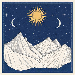 Hand-drawn illustration of mountains under a starry sky with a sun and moon.