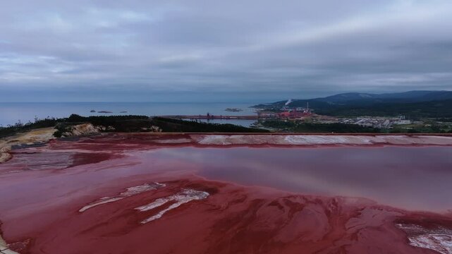 Red Mud Dam Of San Ciprian With Toxic Waste From Aluminum Factory In Lugo, Spain. drone shot