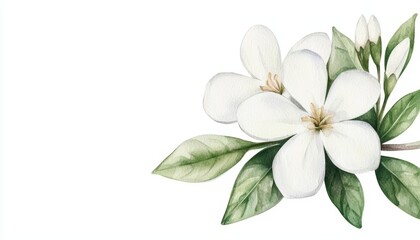 Beautiful white flower with green leaves on a white isolated background, perfect for design and decoration.