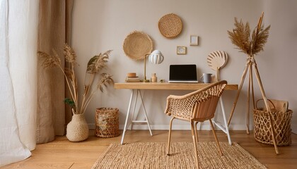 Interior design of neutral bohemian living room interior with stylish desk, armchair, lamp decoration, office supplies, clock, copy space, notes and personal accessories. Template.