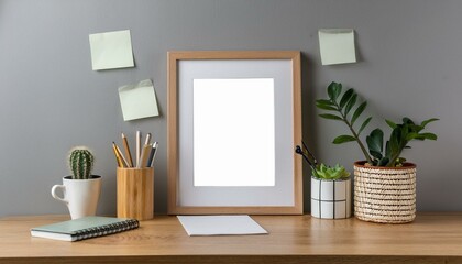 Home office interior with mock up photo frame on the brown wooden table with accessories, paper box,air plant in design pots,pencils notebook and notes. Grey walls. Minimal concept of mockup.