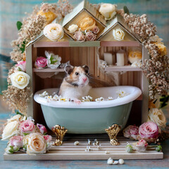 ドールハウスで暮らすハムスターファミリー