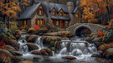 Fototapeta premium Cozy Stone Cottage by a Waterfall in an Autumn Forest..