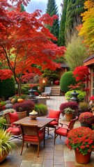 Beautiful autumn garden with vibrant foliage, cozy and inviting, ideal for outdoor leisure, colorful atmosphere, copy space