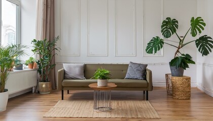 Stylish interior of living room with small design table and sofa. White walls, plants on the windowsill. Brown wooden parquet.