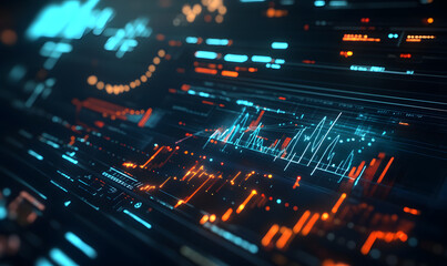 Obraz premium Futuristic financial dashboards and luxury business charts with glowing neon lines, gold accents, and connected nodes for corporate branding.