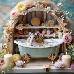 ドールハウスで暮らすハムスターファミリー