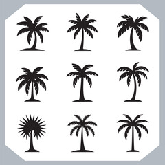 Fototapeta premium Set of logotype black simple palm tree vector silhouettes, Palm Trees Silhouette, Coconut Tree Silhouette on white background