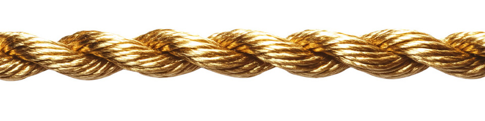 A close-up of a twisted gold thread highlighted on a white background shows its brilliant texture and details, minimalistic composition, decorative motifs.