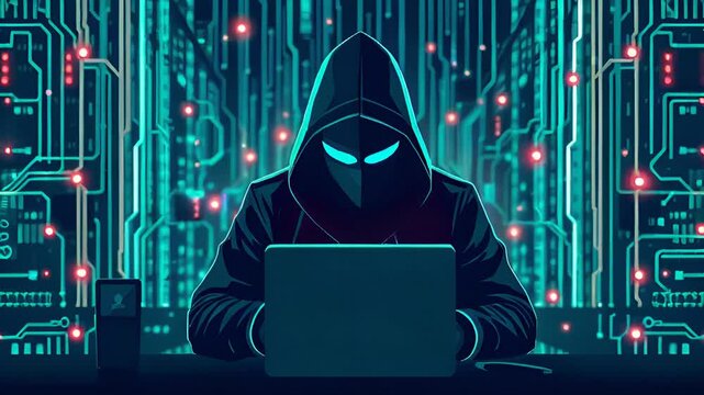 Cyber Hacker in a Hood with a Laptop in a Blue Digital World