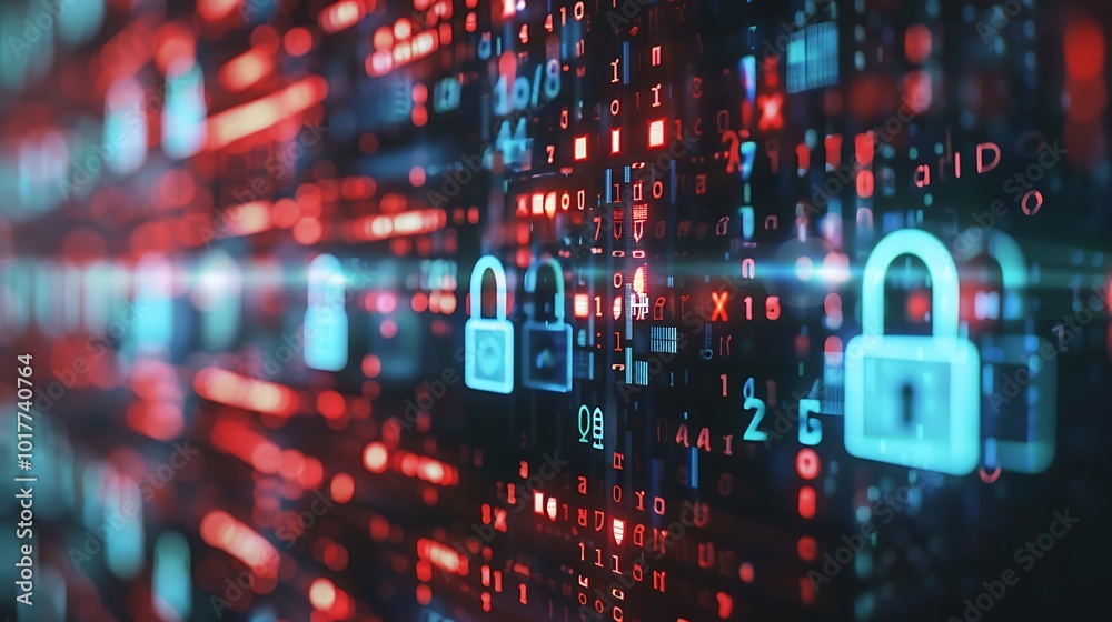 Poster digital representation of cybersecurity with glowing padlock symbols over a background of binary cod