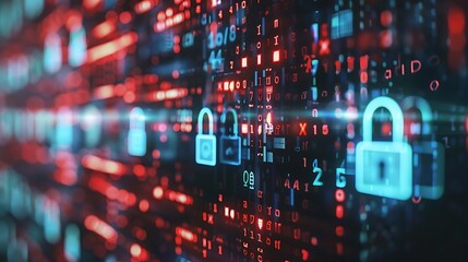 Digital representation of cybersecurity with glowing padlock symbols over a background of binary code and red and blue colors.