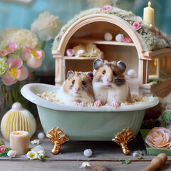 ドールハウスで暮らすハムスターファミリー