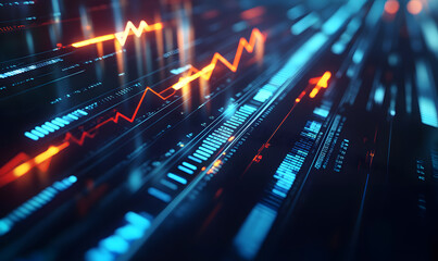 Obraz premium Futuristic financial dashboards and luxury business charts with glowing neon lines, gold accents, and connected nodes for corporate branding.