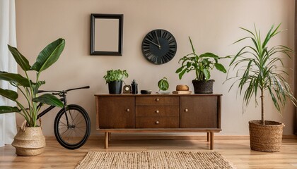 Vintage interior design of living room with stylish retro furnitures, a lot of plants, commode, black clock and brown poster mock up frame on the beige wall. Stylish home decor. Template.