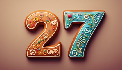 Decorated cookie, number 27, illustration for birthday or anniversary celebration