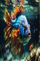 Wide shot of a large majestic colorful fish.