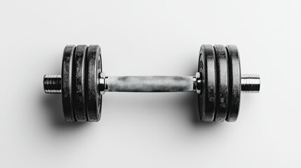 Naklejka premium A top-down view of a steel dumbbell centered on a white background, showcasing the smooth, polished metal of the plates and grip in sharp detail