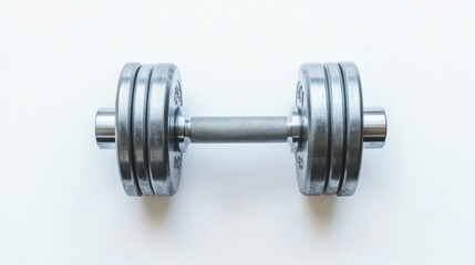 Obraz premium A top-down view of a steel dumbbell centered on a white background, showcasing the smooth, polished metal of the plates and grip in sharp detail
