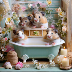 ドールハウスで暮らすハムスターファミリー