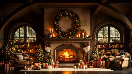 Obraz premium Cozy living room decorated for Christmas with a warm fire, festive wreath, and beautifully wrapped gifts.