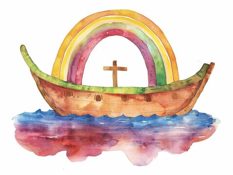 recommend clip art: Watercolor clipart of an ark under a rainbow colorful and cheerful