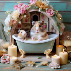 ドールハウスで暮らすハムスターファミリー