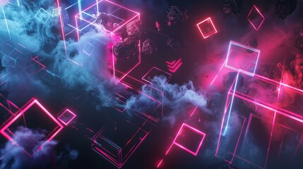 Obraz premium Futuristic neon-lit geometric scene with glowing spheres,National Digital Art Day