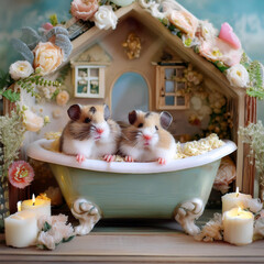 ドールハウスで暮らすハムスターファミリー