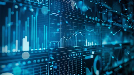 Blue colored background with many charts graphs and financial data visualization for business analysis market trends economic insight digital finance information concept.