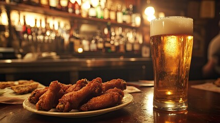 A well-lit bar scene with a golden beer pint and a plate of crispy chicken wings in the foreground, inviting you to enjoy the ultimate comfort food pairing.