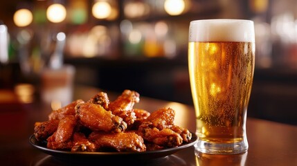 A well-lit bar scene with a golden beer pint and a plate of crispy chicken wings in the foreground, inviting you to enjoy the ultimate comfort food pairing.