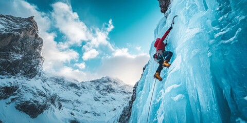 Man climbing a large wall of ice. Winter landscape.