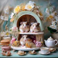 ドールハウスで暮らすハムスターファミリー