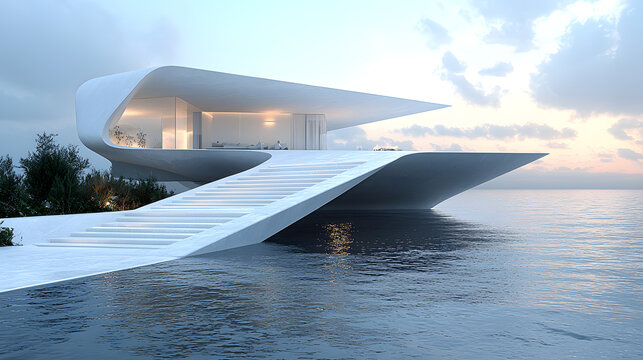 Modern architecture featuring a sleek house on water, showcasing innovative design and tranquil surroundings under a cloudy sky.