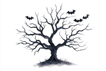 Fototapeta premium Spooky barren tree with twisted branches and flying bats, perfect for Halloween themes, isolated on a white background.
