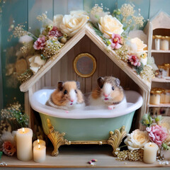 ドールハウスで暮らすハムスターファミリー