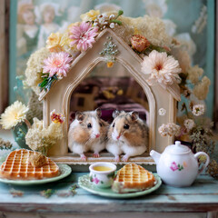 ドールハウスで暮らすハムスターファミリー