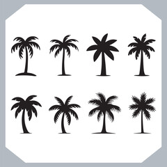 Set of logotype black simple palm tree vector silhouettes, Palm Trees Silhouette, Coconut Tree Silhouette on white background