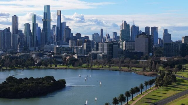 Cinematic drone flight over Melbourne Grand Prix track at Albert Park