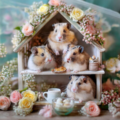 ドールハウスで暮らすハムスターファミリー