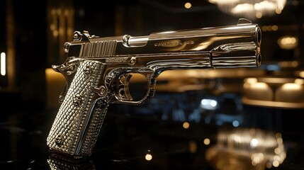 A diamond studded silver gun, dark VIP lounge background
