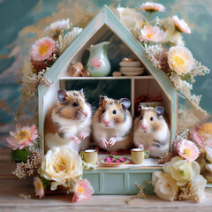 ドールハウスで暮らすハムスターファミリー