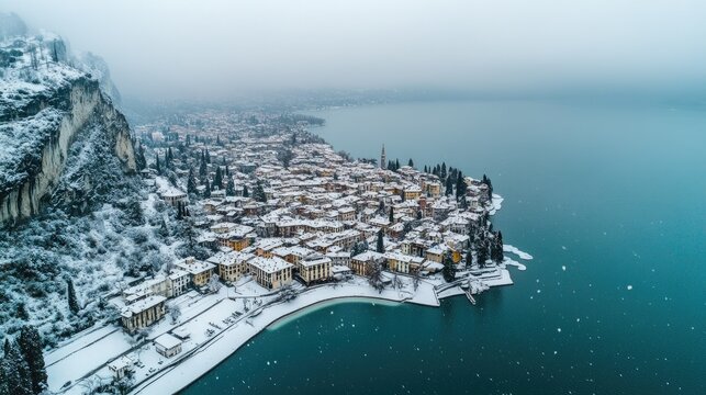 Aerial view of Riva del Garda in winter, with snow covering the town and surrounding landscape, while Garda Lake stretches out under a grey winter sky.