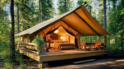 Cozy glamping tent nestled in a serene forest setting.